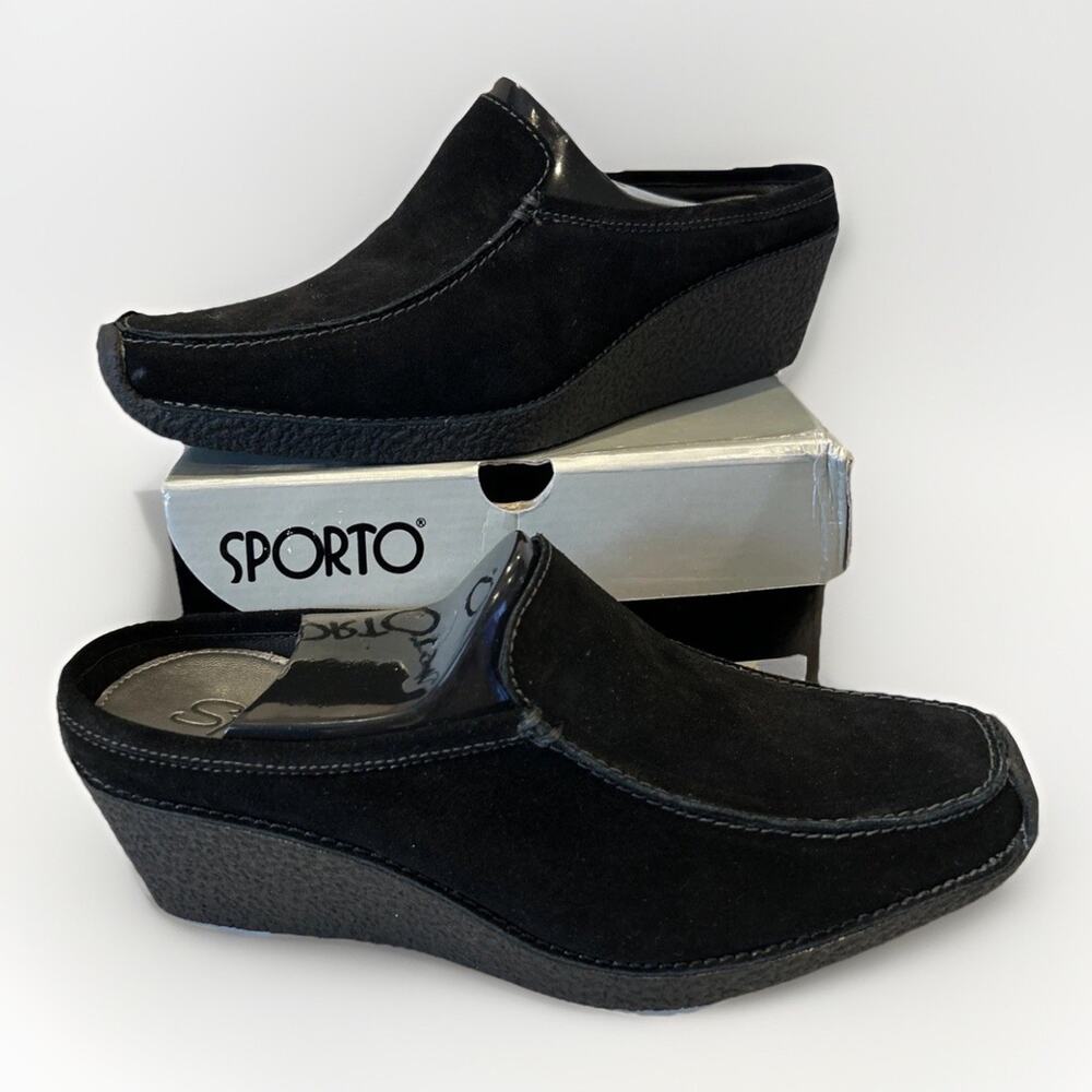 NWT- SPORTO Black Suede 3" WEDGE Clogs Mules size 9 scotchgard treated